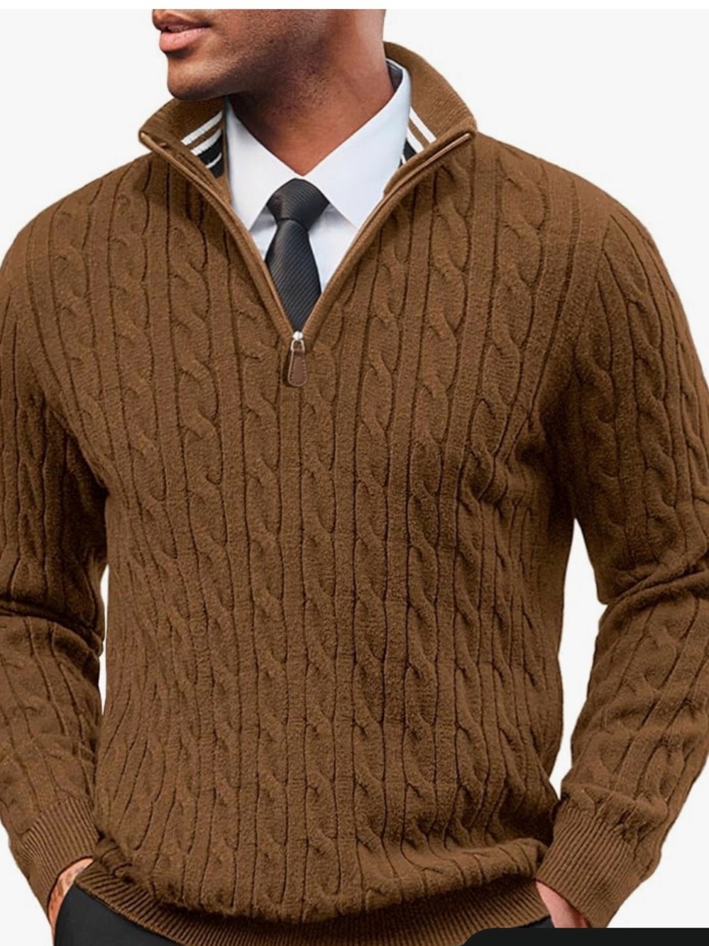 Men's Brown Cable-Knit Half-Zip Sweater